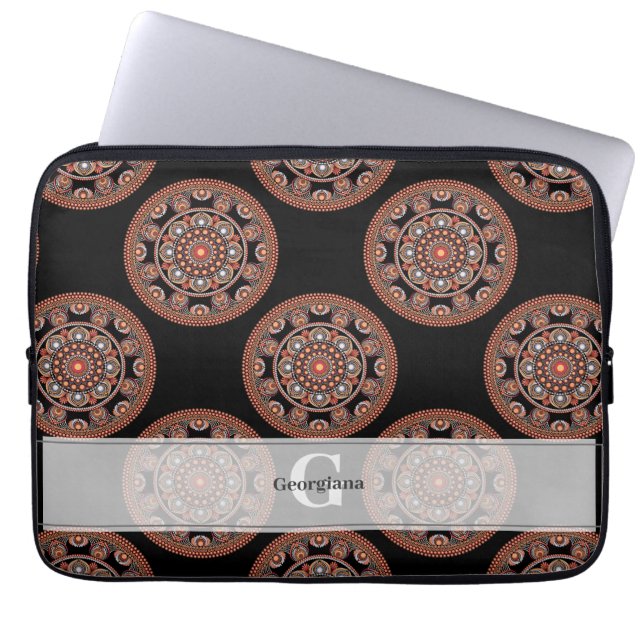 Monogram Safari Sunset Bohemian Polka Dot Mandala Laptop Sleeve (Front)