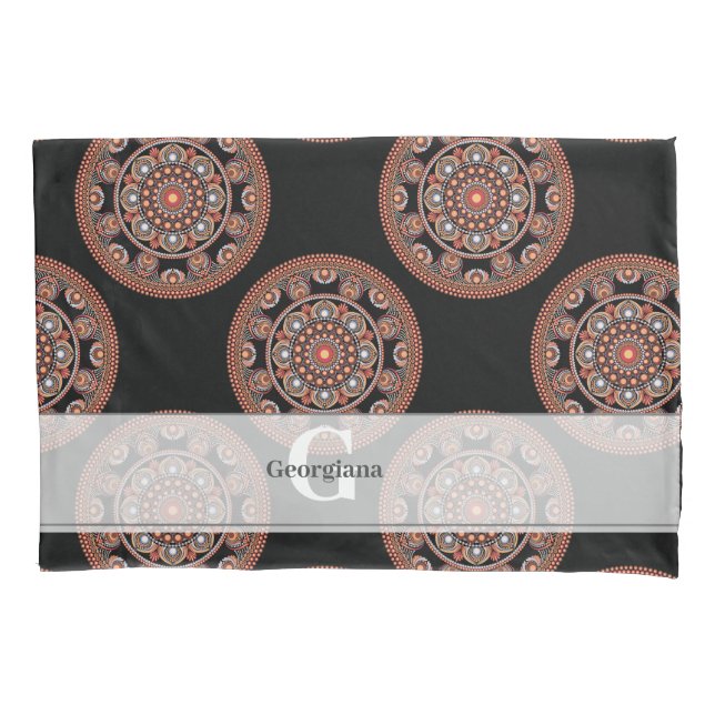 Monogram Safari Sunset Bohemian Polka Dot Mandala Pillowcase (Front)