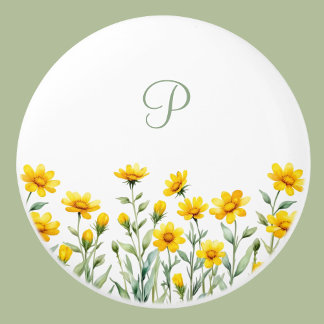 Monogram Sage Green and Yellow Wild Flowers Ceramic Knob