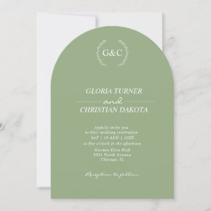 Monogram Sage Green Arch Shape Wedding  Invitation