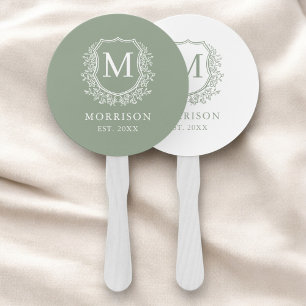 Monogram Sage Green Crest Botanical Wedding Hand Fan
