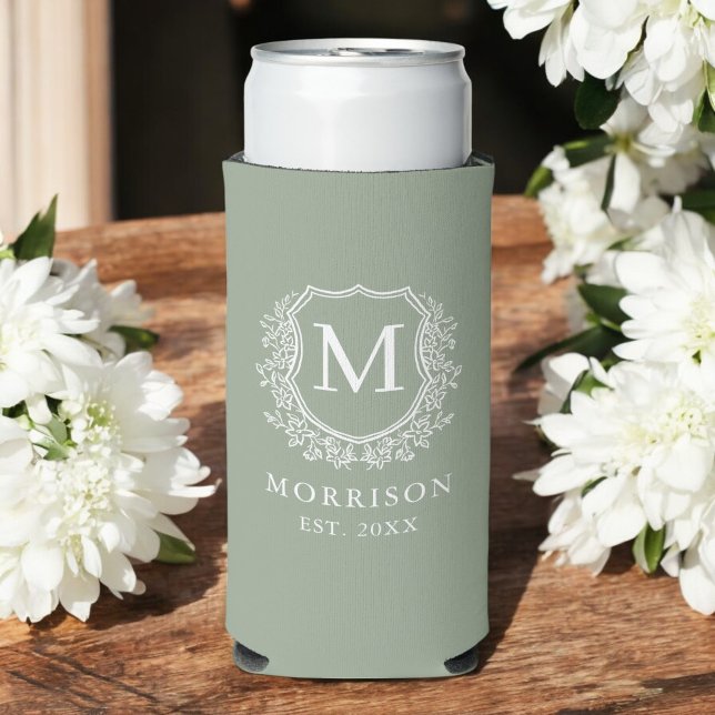 Monogram Sage Green Crest Botanical Wedding  Seltzer Can Cooler (Creator Uploaded)