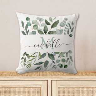 Monogram Sage Green Eucalyptus Greenery Leaves   Cushion