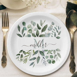 Monogram Sage Green Eucalyptus Greenery Leaves Paper Plate