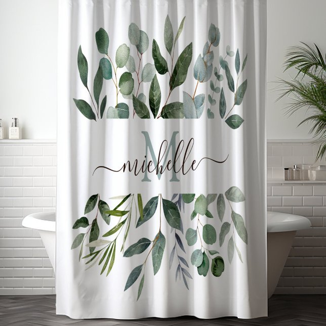 Monogram Sage Green Eucalyptus Greenery Leaves   Shower Curtain (In situ)