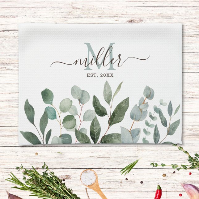 Monogram Sage Green Eucalyptus Greenery Leaves   Tea Towel (In situ)
