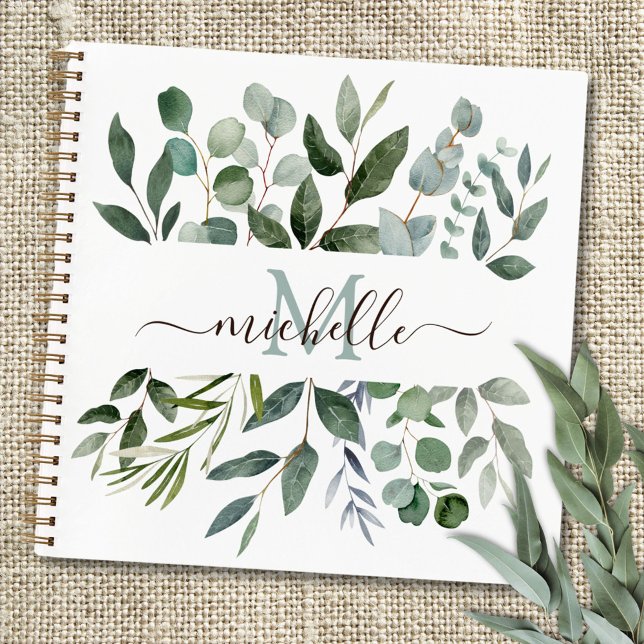 Monogram Sage Green Eucalyptus Greenery   Notebook (In situ)