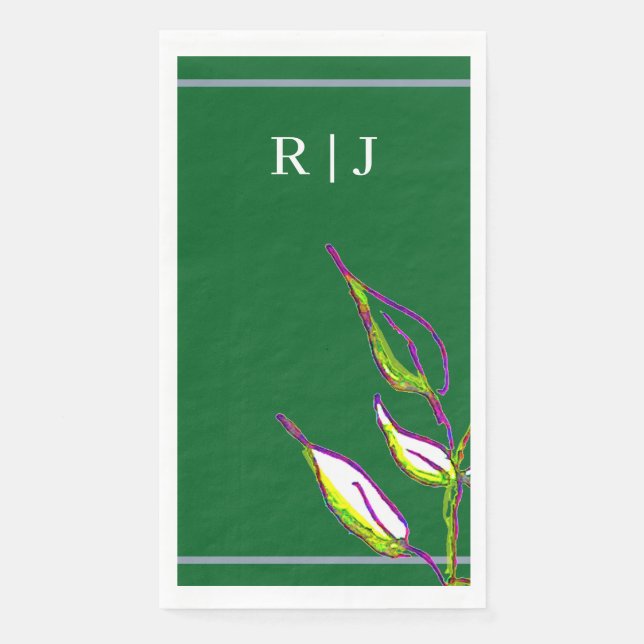 Monogram Sage Green Leaf Art Dusty Blue Wedding Napkin (Front)