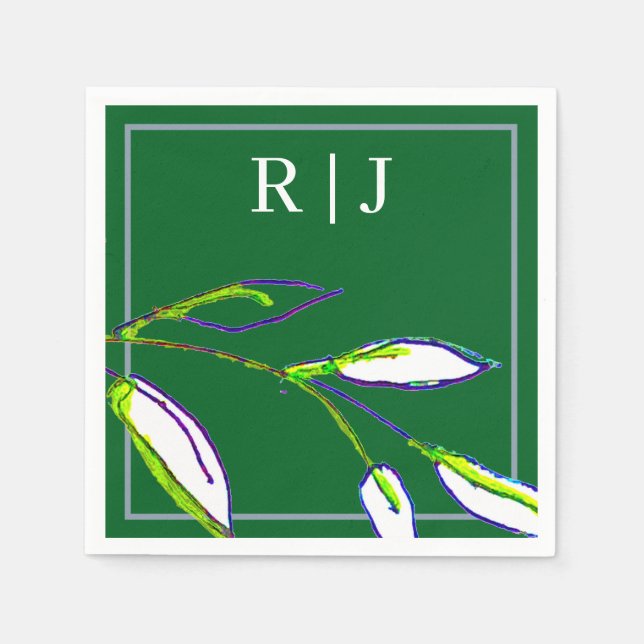 Monogram Sage Green Leaf Art Dusty Blue Wedding Napkin (Front)