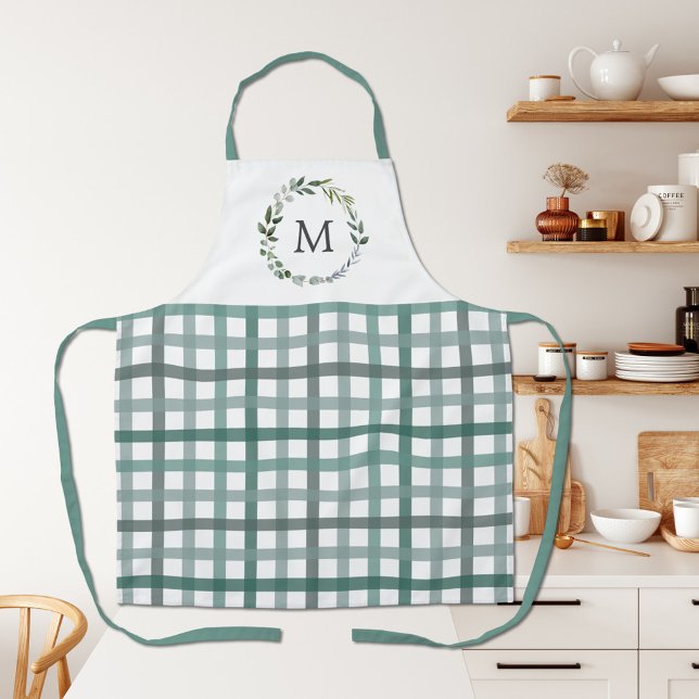 Monogram Sage Green Leaves Gingham Plaid Pattern Apron (In situ)