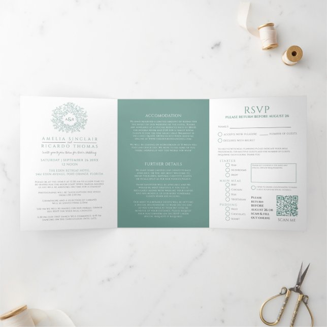 Monogram sage green leaves wedding all-in-one Tri-Fold invitation (Inside)
