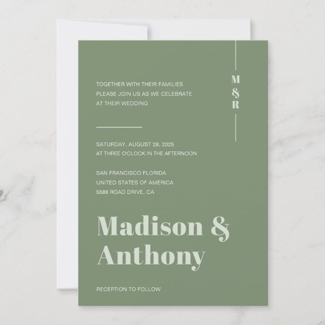 Monogram Sage Green Minimal Wedding Invitation (Front)