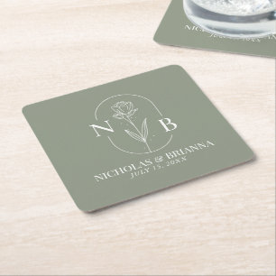Monogram Sage Green Minimalist Elegant Wedding Square Paper Coaster
