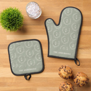 Monogram sage green photo family wreath elegant oven mitt & pot holder set