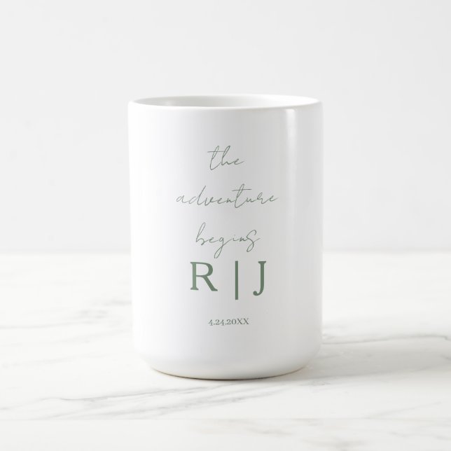 Monogram Sage Green Quote Adventure Begins Wedding Coffee Mug (Center)