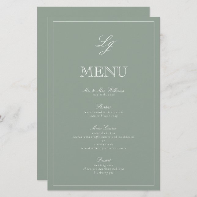 Monogram Sage Green Script Elegant Wedding Menu (Front/Back)