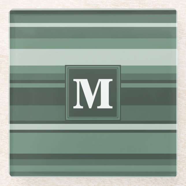 Monogram sage green stripes glass coaster (Front)