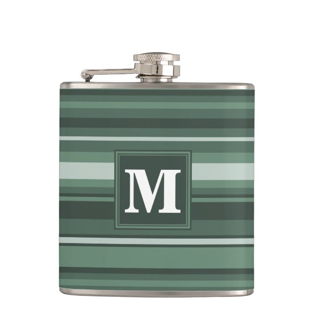Monogram sage green stripes hip flask (Front)