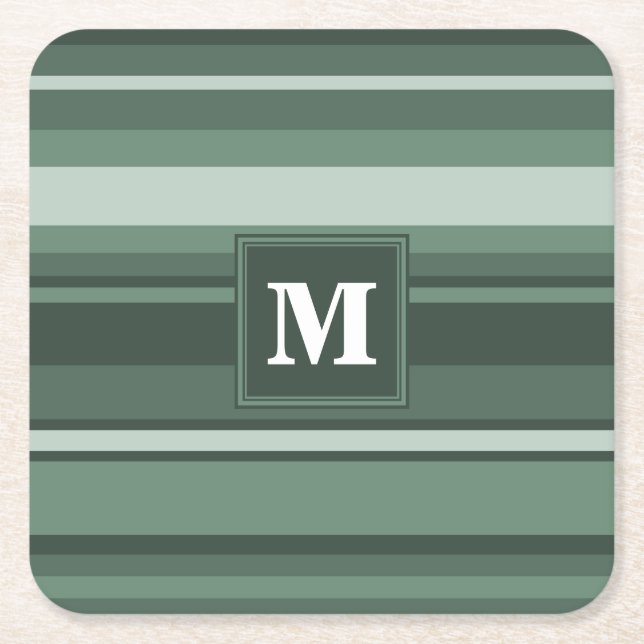 Monogram sage green stripes square paper coaster (Front)