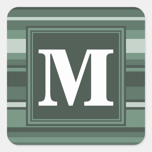 Monogram sage green stripes square sticker (Front)