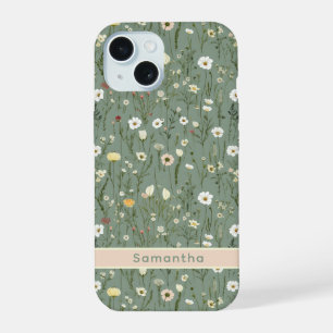 Monogram Sage Green Yellow White Wildflowers Boho iPhone 15 Case
