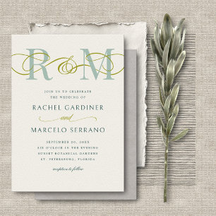 Monogram Sage Olive Green QR Code Wedding Invitation