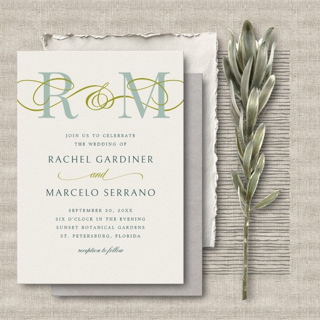 Monogram Sage Olive Green QR Code Wedding Invitation (Creator Uploaded)