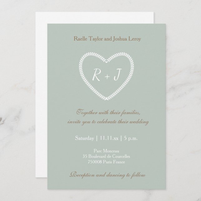 Monogram Sage White Gold Heart Shaped Wedding Invitation (Front/Back)