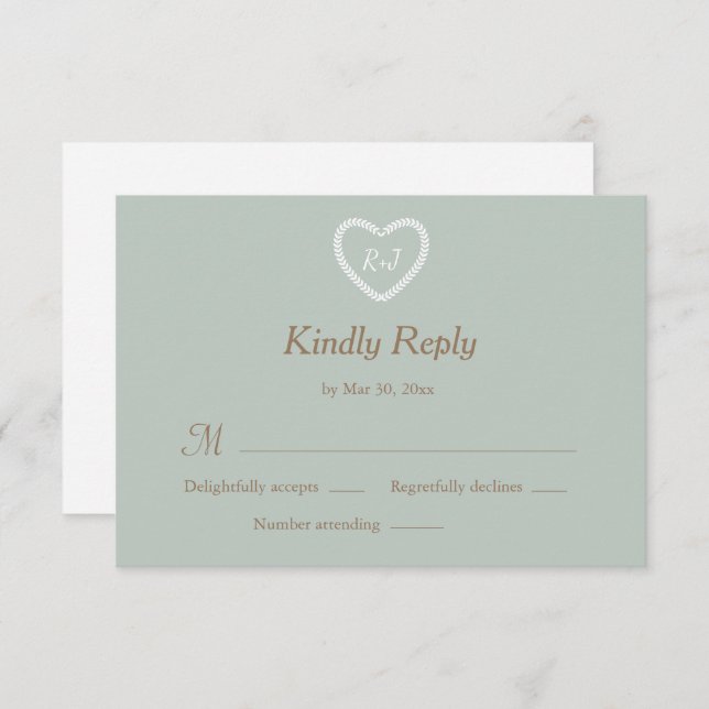 Monogram Sage White Gold Heart Shaped Wedding RSVP Invitation (Front/Back)
