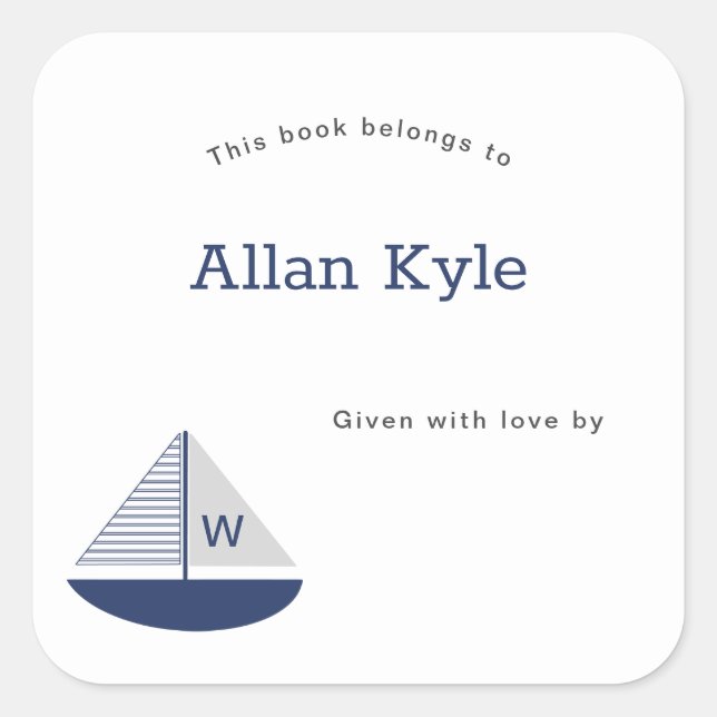 Monogram Sailboat Boy Baby Shower Bookplate Square Sticker (Front)