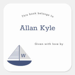 Monogram Sailboat Boy Baby Shower Bookplate Square Sticker