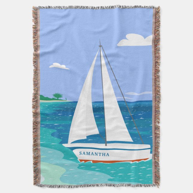 Monogram Sailboat Coastal Tropical Throw Blanket (Front Vertical)