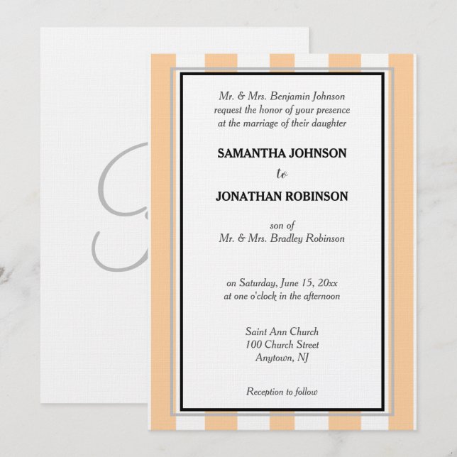 Monogram Sandy Beach Silver White Cabana Stripes  Invitation (Front/Back)