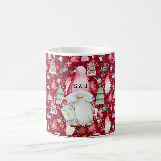 Monogram Santa Gnome for Christmas Pattern Red Coffee Mug (Center)