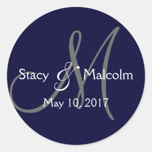 Monogram Save the Date Label   Navy Blue