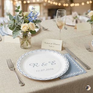 Monogram Scalloped Wedding Dusty Blue Paper Plate