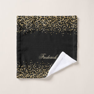 Monogram Script Black Gold Leopard Print Glitter Bath Towel Set