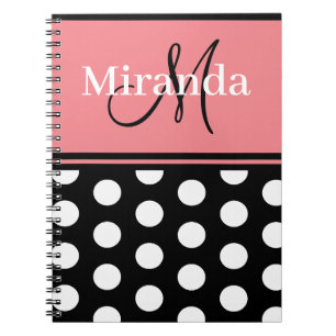 Monogram Script Black Pink White Polka Dots Notebook