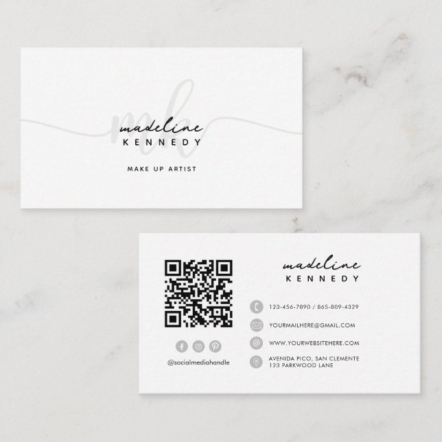 Monogram Script Black White Grey QR Code Business Card (Front/Back)