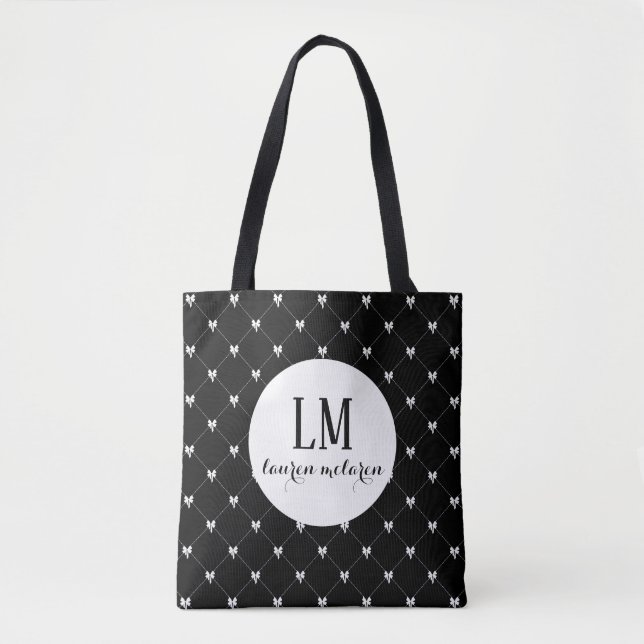 Monogram Script Bow Tote Bag – Black & White (Front)