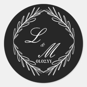 Monogram Script Branch Black White Wedding    Classic Round Sticker