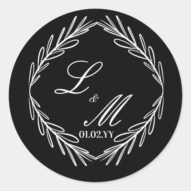 Monogram Script Branch Black White Wedding    Classic Round Sticker (Front)