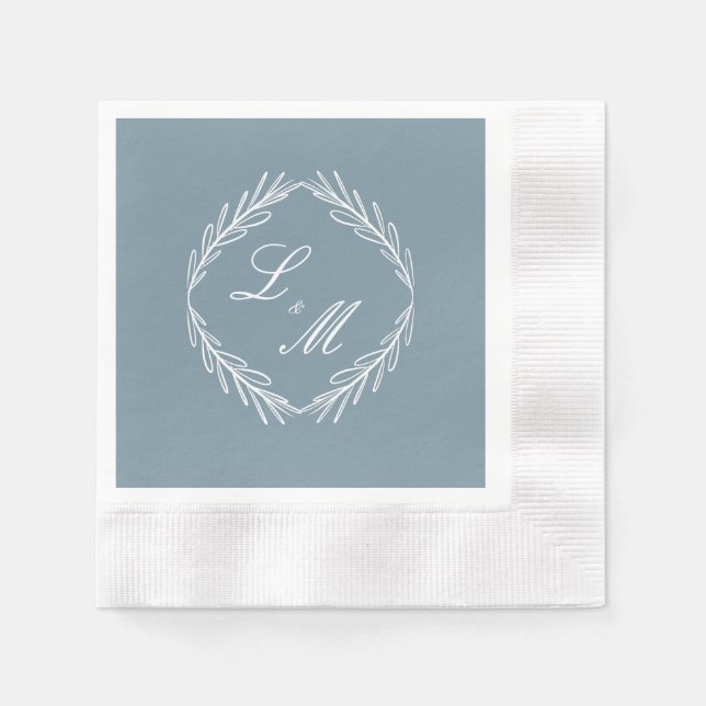Monogram Script Branch Dusty Blue Wedding Napkin (Front)
