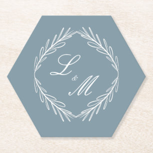 Monogram Script Branch Dusty Blue Wedding Paper Coaster