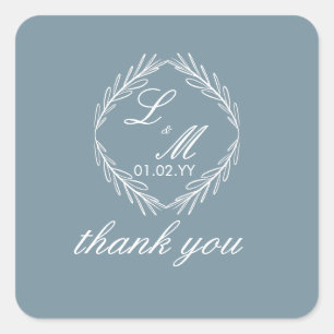 Monogram Script Branch Dusty Blue Wedding Square Sticker