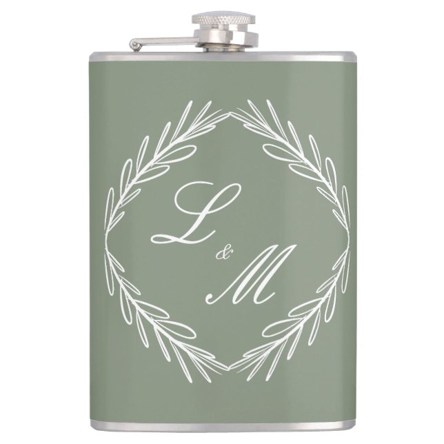 Monogram Script Branch Sage Green Wedding Hip Flask (Front)