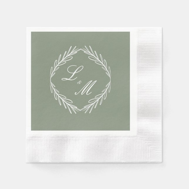 Monogram Script Branch Sage Green Wedding Napkins (Front)