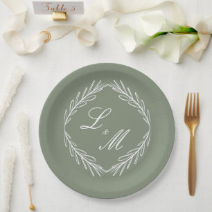Monogram Script Branch Sage Green Wedding Paper Plate