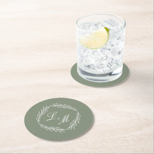 Monogram Script Branch Sage Green Wedding    Round Paper Coaster