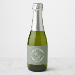 Monogram Script Branch Sage Green Wedding Sparkling Wine Label